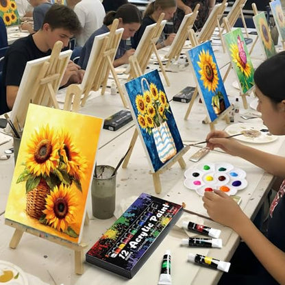 Ctosree 72 Pcs Sunflower Paint and Sip Kit for Adults 8'' x 10'' Pre Drawn Canvas for Painting DIY Pre Printed Canvas for Party Favor Acrylic Painting Kit Wood Easel Brushes Date Night Bulk - style: Sunflower