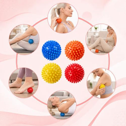 4 pcs Spiky Massage Ball, Professional Muscle Recovery Tool, Plantar Fasciitis Relief and Acupressure Massage, Soft Spiked Roller for Feet Back Hands, Set of Four Spiky Balls（Random Color