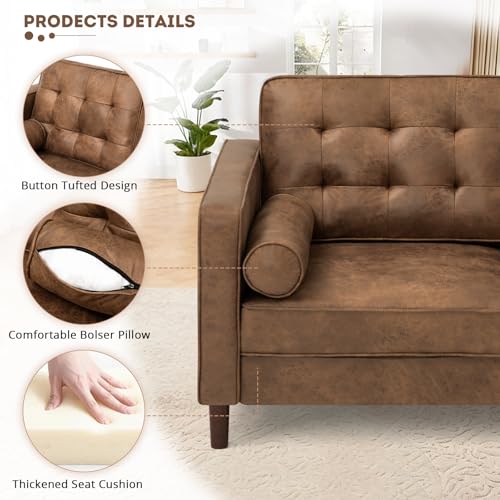 67" Suede Leather 2-seat Sofa with Two Bolster Pillows, Brown - color: Brown, size: 67" Loveseat