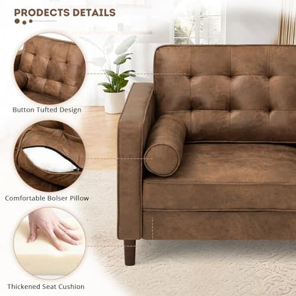 84" Suede Leather Modern Sofa with Bolster Pillows, Brown - color: Brown, size: 84" Sofa