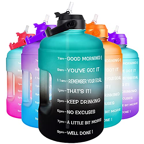 QuiFit 1 Gallon Water Bottle - with Straw & Motivational Time Marker Leak-Proof BPA Free Reusable Gym Sports Outdoor Large(128OZ/73OZ) Capacity Water Jug - color: QFB15 GreenD-Black Gradient, size: 128 Ounces
