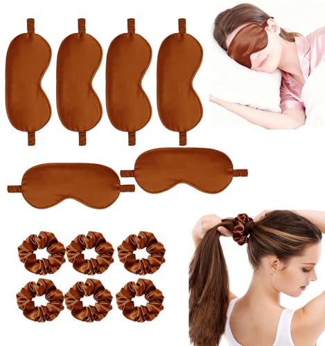 12Pcs Silk Sleep Masks Satin Eye Mask Silky Eyes Cover Blindfold Eyeshade Hair Ties Scrunchy Travel Bridesmaids Gifts - color: Maple