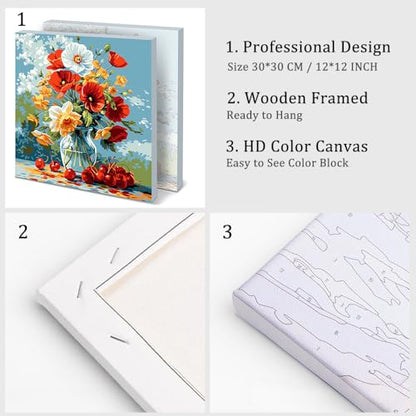 Natuyalo Framed Paint by Number Kits for Adults Beginners, Flowers in Vase Easy Acrylic Adult Paint by Number Kits, Cherry DIY Painting by Numbers Kits with Frame Ideal Gift 12x12 Inch - color: Color-01