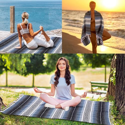 Oudain Mexican Blanket Woven Authentic Falsa Throw 45 x 70 Inch – Authentic Baja Serape Saddle Blanket Outdoor for Restorative Yoga, Beach, Picnic, Couch, Car Travel(Coastal Calm) - color: Coastal Calm