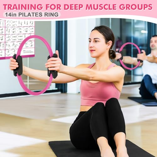 Goocrun Pilates Ring Set Exercise Equipment, with Exercise Resistance Bands Set, Pilates Ball, Sliding Disks. Portable Home Gym - with Fitness Guide Poster - color: Pink, size: Mid-level