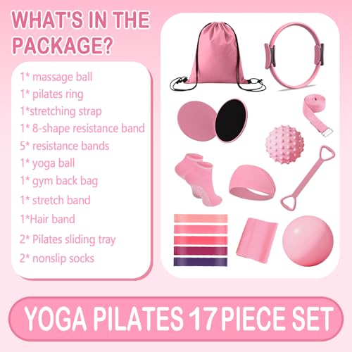 Pilates Ring Circle Set for Women, 17 Pcs Yoga Equipment Sets, with 14'' Yoga Ring, Massage Ball, Resistance Bands, Hip Thrust Belt, Hair Band, Anti Slip Socks for Legs Arms and Thighs - color: Pink