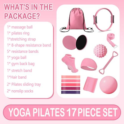 Pilates Ring Circle Set for Women, 17 Pcs Yoga Equipment Sets, with 14'' Yoga Ring, Massage Ball, Resistance Bands, Hip Thrust Belt, Hair Band, Anti Slip Socks for Legs Arms and Thighs - color: Pink