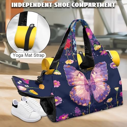 Yoga Mat Bag for Men Women Canvas Yoga Mat Carrier Take In Out Mat Easily for Beach Swim Bags Pool Sports Gym - color: Butterfly purple