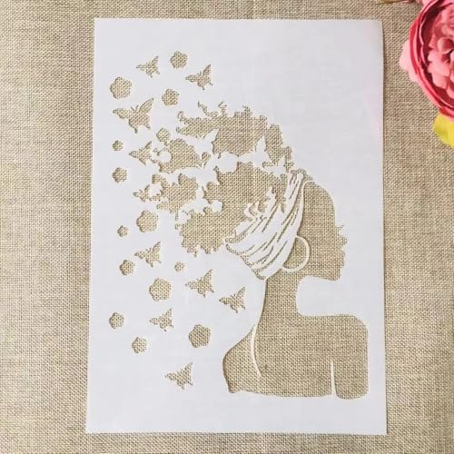 TIAMECH A4 Reusable Butterflies Hairstyle Girl Stencil for Painting | Fashion Earring Lady Layering Template, DIY Wall Art, Wood Furniture, Scrapbook & Crafts (8.3x11.7inch) - style: Butterflies Hairstyle Girl