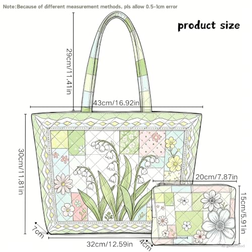 Quilted Tote Bag 2 Pack, Women's Tote Handbags for Work Travel - color: Sage Green Floral