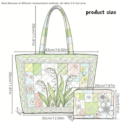 Quilted Tote Bag 2 Pack, Women's Tote Handbags for Work Travel - color: Sage Green Floral
