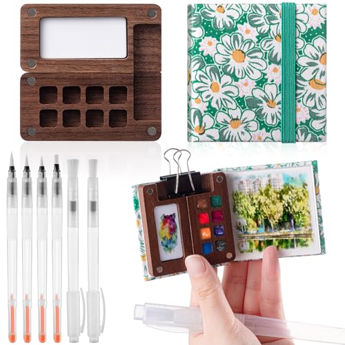 Qilery Mini Portable Watercolor Palette Set Wooden Grid Paint Box Watercolor Paper Sketch Book Brush Pens with Binder Clip for Painters Artist Not Include Paint(Mountain Chrysanthemum) - style: Mountain Chrysanthemum