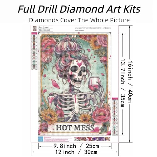 ckdiluy 5D Diamond Art Painting Kit, Hot Mess Floral Skull Design, Full Drill Round Crystal Paint with Accessories, DIY Wall Home Decor, Adult Crafts Gift 12x16 Inch - color: FC002