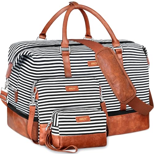 IBFUN Weekender Bags for Women, 21" Travel Duffle Bag with Shoe Compartment - color: A1-Black Strip