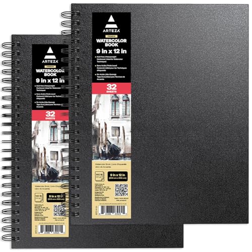 ARTEZA Watercolor Sketchbook 2-Pack, 64 Pages Each, 9x12 Inches – Spiral-Bound, 140 lb Cold Press Paper, Black Hardcover for Watercolor & Mixed Media - color: Black, size: 9x12 inch - 2 pack