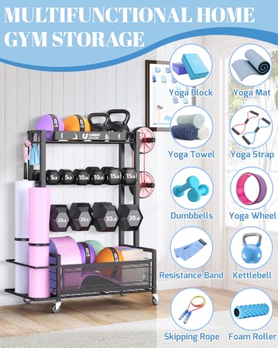 Dumbbell Rack Weight Storage Rack | Adjustable Weight Rack with Wheels, for Home Gym, for Dumbbells, Kettlebells, Yoga Mat, Foam Roller,Workout Equipment