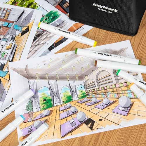 AnyMark 80 Colors Alcohol Markers Chisel & Fine Dual Tip | Coloring Markers Set for Adult Book Drawing Sketching Painting, Illustration, White Penholder