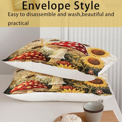 AILONEN Mushroom & Sunflower Duvet Cover Set Queen Size,Cartoon Flower Bee Quilt Cover with 2 Pillowcases, Soft Breathable 3Pcs - color: Mushroom110, size: Queen