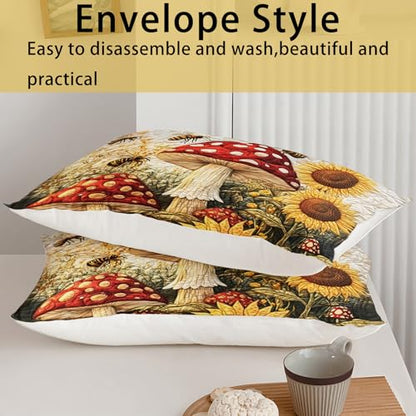 AILONEN Mushroom & Sunflower Duvet Cover Set Queen Size,Cartoon Flower Bee Quilt Cover with 2 Pillowcases, Soft Breathable 3Pcs - color: Mushroom110, size: Queen