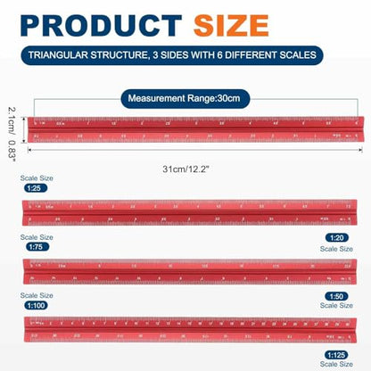 HARFINGTON 2 Pcs Architectural Scale Ruler, 12 Inch Metric Aluminum Alloy Architect Triangular Small Scale Laser-Etched Blueprint Drafting Ruler for Architects Engineers, Red - color: Red, size: 12 Inch
