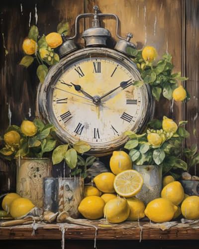 Farmhouse Kitchen Clock with Lemons Oil Painting Paint by Number Kits 16 x 20 inch Canvas Rustic Painting DIY Painting for Kids Students Adults Beginner with Brushes Acrylic Pigment(DIY Frame) - color: Garden 03, size: 16''x20''(DIY Frame)