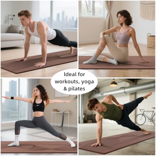 ILILI Exercise Mat 72''x25''×0.3''(8MM) | Compact Eco Friendly TPE Yoga Mat for Pilates & Fitness, Tear Resistant with Carry Strap for Home Gym Studio Stretching - color: brown