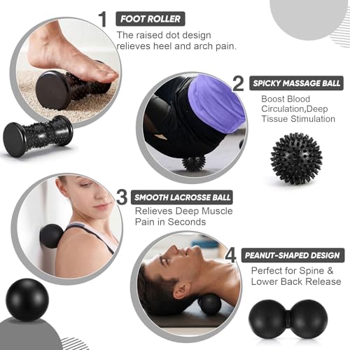 Lewtemi 6 Pack Massage Ball & Foot Roller with Spiky Lacrosse Peanut Massage Roller for Muscle Foot Arch Pain Deep Tissue Relieve Plantar Fasciitis