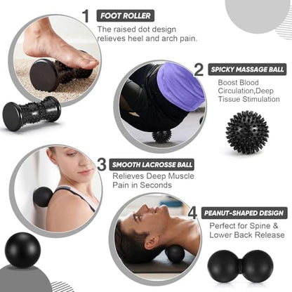 Lewtemi 6 Pack Massage Ball & Foot Roller with Spiky Lacrosse Peanut Massage Roller for Muscle Foot Arch Pain Deep Tissue Relieve Plantar Fasciitis