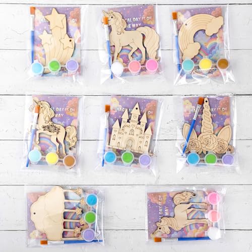 Saypacck 24 Pcs Rainbow Unicorn Party Favors Wooden Paint Craft Kits | Rainbow Designs with Paints, Packaged for Goodie Bag Fillers, Fun Craft Activity, Thank You Gifts and Decorations - style: Rainbow Unicorn
