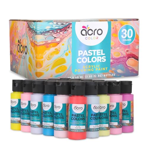 Acrylic Pouring Paint Set | 30 Vibrant Colors Including An Array Of Metallic, Neon & Pastel Paints | Pre Mixed, Ready to Use, High Flow Paint For Canvas, Paper, and More | 2 Ounces Per bottle (Pastel - style: Pastel - 30 Color