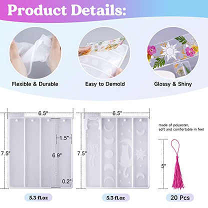 LET'S RESIN Bookmark Resin Molds Silicone 1.5'' Wide, Blank and Cat Moon Pattern Silicone Bookmarks Molds Kit with 20pcs Tassels, Rectangle Bookmark Molds for Epoxy Resin Casting Crafts - size: 2 style