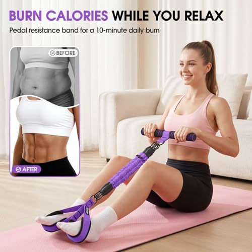 Upgraded Multifunction Pedal Resistance Band with Handle, Adjustable Foot Pedal Resistance Bands for Core, Arm, Legs, Body Strength, Portable Home Gym Workout Equipment for Men & Women - color: Purple
