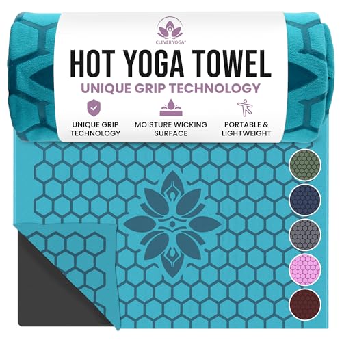 Clever Yoga Hot Yoga Mat Towel – Non-Slip Grip for Hot Yoga, Sweat Absorbent, Honeycomb Silicone Grip, Stays Flat – Ideal for Pilates, Travel, Washable & Lightweight - Turquoise - color: Turquoise