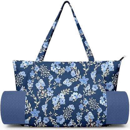 Yoga Bag for Women, Large Canvas Yoga Mat Tote Bag with Yoga Mat Carrier | Large Mat Pocket Fitness Tote for Pilates, Gym, Travel, Office & Beach - color: Blue Flower