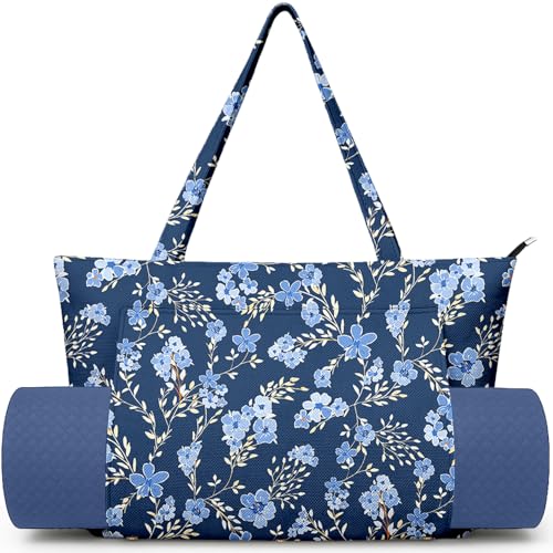 Yoga Bag for Women, Large Canvas Yoga Mat Tote Bag with Yoga Mat Carrier | Large Mat Pocket Fitness Tote for Pilates, Gym, Travel, Office & Beach - color: Blue Flower