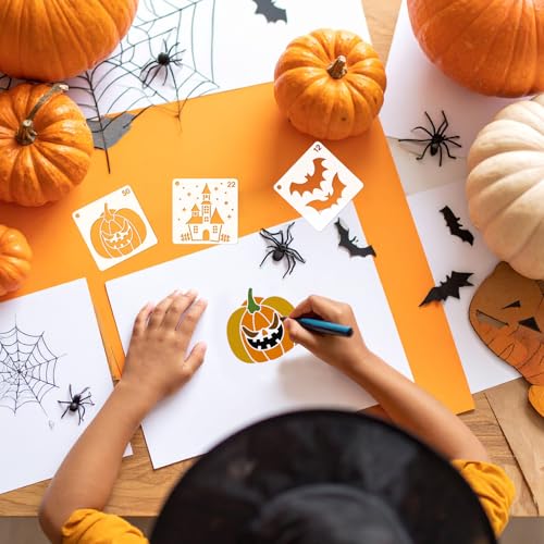 Halloween Stencils for Painting, 64 Pcs 3 Inch for Cards Gift Tags | Reusable & Easy to Clean, Spooky Seasonal Icons, Party Favor Bags, Classroom Projects, Scrapbooks, Beginner Friendly - color: Halloween