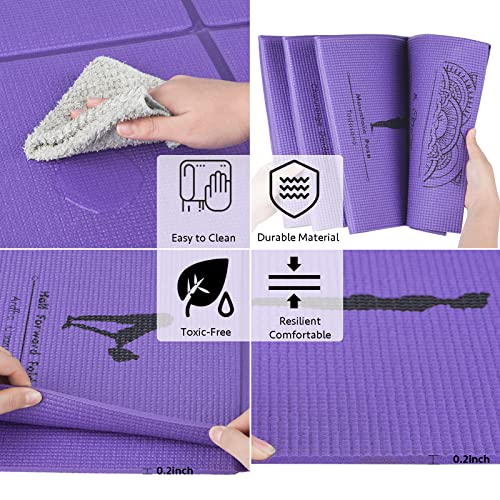 Foldable Yoga Mat for Women, Non Slip Exercise Mat for Home Gym, 5mm Travel Yoga Mats Set With Stretch Strap for Yoga Pilates and Fitness, 68"L x 24"W x 0.2 Inch Thick - color: Purple
