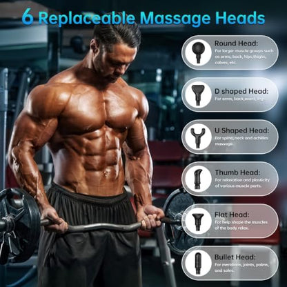 Gvber Massage Gun Deep Tissue 30 Speeds 6 Heads, Grey | Quiet Handheld Percussion Massager for Back & Shoulder Pain, Ideal Gifts for Mom & Dad, Travel & Office, Athletes & Home Gym