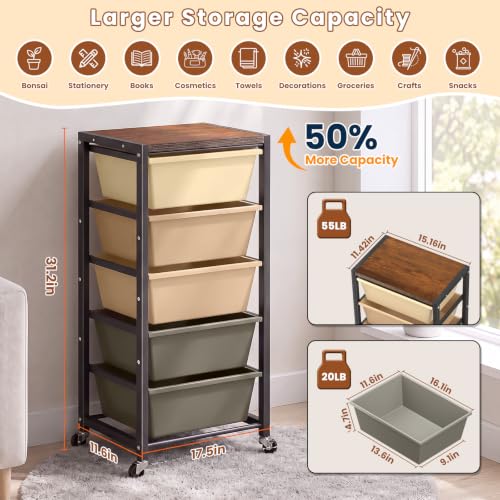Rolling Cart with 5 Drawers, Plastic Drawer Storage Carts with Wheels & Wooden Tabletop, Metal Utility Cart for Office Bedroom Living Room Classroom, Craft Organization and Storage, Brown - color: Brown