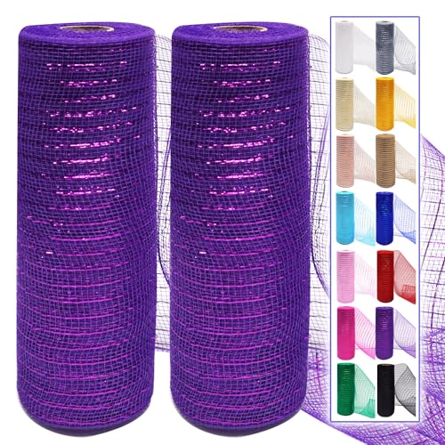 Purple Mesh Ribbon Rolls 10 Inch 10 Yds, Deco Mesh Fabric for Wreaths | (2 Rolls) 30Ft Each, Decorative Foil Mesh for Christmas Tree Ribbon, Door Decor, DIY Crafts, Halloween, Wedding Party Supplie - color: Purple