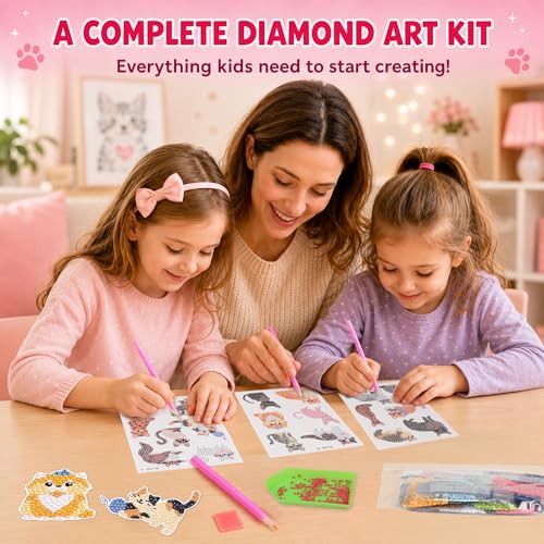 Labeol Diamond Art Kits for Kids Boys and Girls Ages 6-8-10-12 Easy to DIY Creative Diamond Art Sticker Craft by Numbers Kits for Kids and Adult Beginners (Cat) - style: Cat