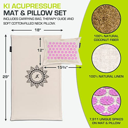ProsourceFit Ki Acupressure Mat and Pillow Set with 100% Natural Linen for Back/Neck Pain Relief and Muscle Relaxation - color: Natural Purpule