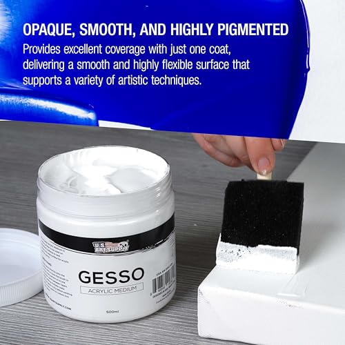 U.S. Art Supply White Gesso Primer 16.9oz (500ml) for Oil & Acrylic Paint | Superior Coverage, Canvas Prep, Mixable White Gesso Paint Artists - color: White