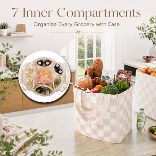Checkered Reusable Grocery Bags, Cute Checkerboard Large Canvas Tote Bag, Reusable Shopping Bags Farmers Market Bag - color: Beige