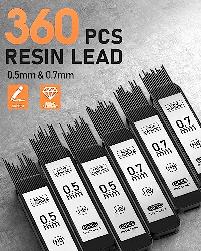 2PCS Metal Mechanical Pencil Set, 0.5mm+0.7mm, Storage Case, Black＆Silver | 360 Lead Refills, 3 Erasers, 9 Eraser Refills, Smooth Writing, Anti Grip, for Sketching, Technical Drawing, Art Projects - color: Silver+Black (2PCS)