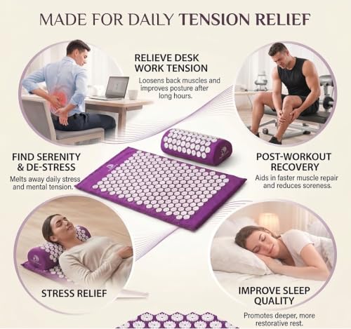 Acupressure Mat & Pillow Set, 4-in-1, 29", Hot/Cold Pack, Purple | Acupuncture Mat Helps Ease Back, Neck & Sciatica Pain While Supporting Muscle Relaxation, Stress Relief, Recovery And Sleep. - color: Purple