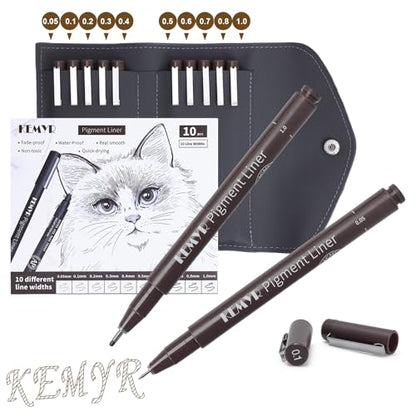 KEMYR 10 Sizes Brown Fineliner Micro Drawing Pens, Waterproof Pigment Ink | Archival Ink,AP Certified,With Case,0.05-1.0mm, for Illustration,Journaling,Sketching,Manga,Drawing,Artists And Beginners - color: Brown Micro Pens 10 SIZES,0.05-1.0mm, style: 10