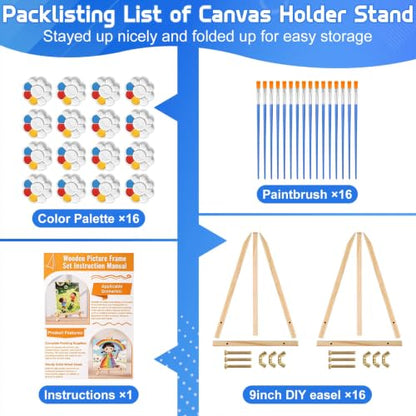 16 Pack 9 Inch Wood Tabletop Easel Canvas Stand Bulk for Painting | Tripod Art & Crafts Easel with Small Paint Brushes, Palettes Set for Sip and Paint Party, Display, Photo Picture Sign Holder