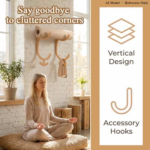 Wooden Yoga Mat Holder Wall Mount with 4 Hooks