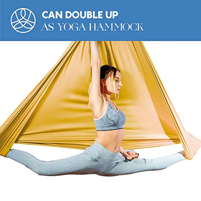 Aerial Silks Starter Kit, 9 Yards, Aerial Yoga Hammock, Hardware | Knitted fabric with pose guide, for aerial yoga, gymnastics, silk swing, stretching and home gym use, suitable for all levels - color: Gold